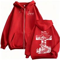 Christian Nature Mountain Cross Zip Up Hoodies Jesus The Way Truth Life Men Women Fashion Trend Aesthetic Sweatshirt Jacket Coat M red