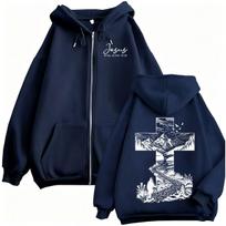 Christian Nature Mountain Cross Zip Up Hoodies Jesus The Way Truth Life Men Women Fashion Trend Aesthetic Sweatshirt Jacket Coat M blue