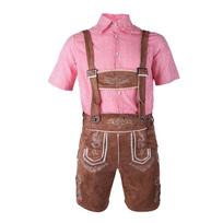 M-XXL Men German Oktoberfest Lederhosen Costume Short Sleeve Plaid Shirt Suspenders Hat Set Beer Festival Male Cosplay Halloween XXL pink