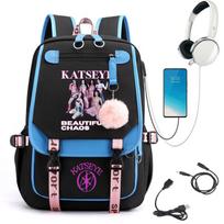 KATSEYE Merch USB Backpack Lightweight Student School Bag Large Capacity Travel Daypack Black