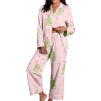 Women's Christmas Pajama Set Long Sleeve Printed Shirt and Pants Holiday Loungewear Sleepwear L white