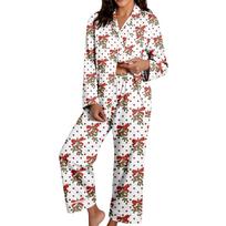 Women's Christmas Pajama Set Long Sleeve Printed Shirt and Pants Holiday Loungewear Sleepwear XL white