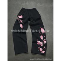 American Street Style Cherry Blossom Print Wide Leg Sweatpants Drawstring Elastic Waist Loose Straight Unisex Casual Trousers S black