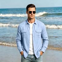 Men's Casual Linen Long Sleeve Shirt with Collar and Multiple Pockets XXL gray