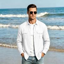 Men's Casual Linen Long Sleeve Shirt with Collar and Multiple Pockets XL white