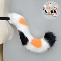 Furry Cat Ear Headband Tail Paw Set Cosplay Anime Kawaii Costume Sweet Cool Style Plush Animal Accessory Cat Tail - Calico Orange white