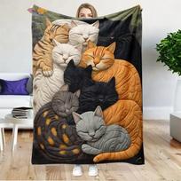 Cute Cats Flannel Blanket Sleeping Kittens Quilted Pattern Texture Fleece Blanket Soft Warm Cozy Throw Blankets For Sofa Bed 75X95CM black