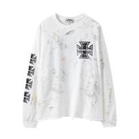 Cross-border trendy brand Saint Louis does dirty damage long-sleeved T-shirt street graffiti cross star top L white