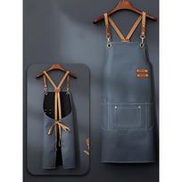 Premium Faux Leather Apron,Heavy Cross Back Straps,Multi Pockets,Unisex,for Cooking,Gardening,BBQ,Cafe,Hair & Nail Work Asian One-size gray