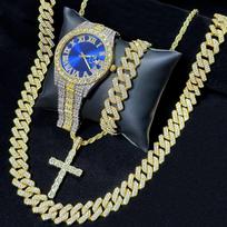 Luxury 4Pcs/Set Fully Iced Out Hip Hop Cross Cuban Chain Pendant Necklace Bracelet Quartz Watch for Men Women Jewelry No Box gray