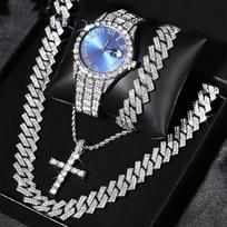 Luxury 4Pcs/Set Fully Iced Out Hip Hop Cross Cuban Chain Pendant Necklace Bracelet Quartz Watch for Men Women Jewelry No Box gray