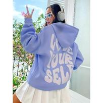 LOVE YOURSELF Slogan Graphic Drop-Shoulder Hoodie | Cozy Fleece Lined Pullover with Drawstring | Casual Oversized Streetwear Sweatshirt for Women XXL gray