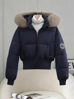 Winter new women's fashion hooded big fur collar cotton clothes piled and thickened casual cotton-padded jacket M ( 52.5-62.5kg ) black