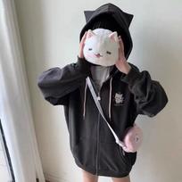 Užtraukiamas gobtuvas Gotikinis Animacinis Kawaii Katės Ausys Y2k Striukė Užtrauktuku Plonas Paltas Pavasaris Ruduo Mielas Core 2000-ųjų Drabužiai Rudens Palaidinės M tamsiai pilka spalva