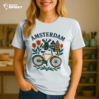 Amsterdam T-Shirt, Bicycle and Tulip Design, Retro Travel Shirt, Unisex Gift for Travelers, Dutch City Souvenir Tee 120 white