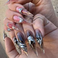 24Pc Long Stiletto Press on Nails Cherry Pink French False Nails with 3D Bow Pearls Design Detachable Acrylic Fake Nail Art Tips gray