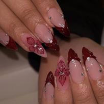 24Pc Long Stiletto Press on Nails Cherry Pink French False Nails with 3D Bow Pearls Design Detachable Acrylic Fake Nail Art Tips
