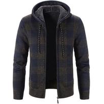 Men's Cross-Border Plaid Knit Hooded Cardigan Sweater - Thickened Zipper Pullover for Autumn & Winter black