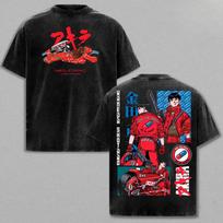 Akira Manga Print T-shirt For Men Women Clothing Vintage Washed Oversized T Shirt Summer Cotton Short Sleeve Casual Tees Tops L black