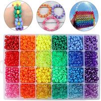 2880pcs Rainbow Beads Plastic Beads Large Hole Beads 6 x 9mm 24 Colors 4 Styles Round Beads Set for DIY Jewelry Making