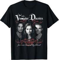 Gothic Style Vampire Diaries T-Shirt Featuring Damon, Elena, And Stefan XL gray