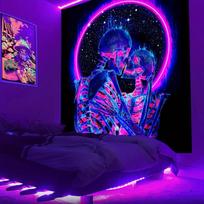 VIKAMA UV Reactive Skeleton Couple Tapestry, Blacklight Neon Kissing Skulls with Starry Sky Wall Hanging for Bedroom 150X180CM