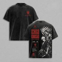 Kurosaki Ichigo BLEACH T-shirt Anime Printed Vintage Washed T Shirt Summer Loose Short Sleeve Cotton Tee Tops Men Women Clothing L black