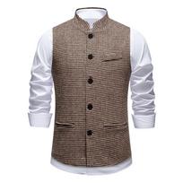 Formal Clothes Man Vest Herringbone Plaid Waistcoat Gentleman Vintage Coletes Masculino Social Stand Collar Dress Suit Vest XXL gray