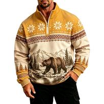 Men's Casual Zip-Up Sweatshirt, Stand Collar Long Sleeve Lined Athletic Top with Print XL beige