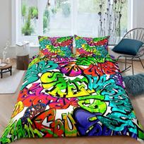 Teen hip-hop graffiti duvet cover and pillowcase, 3D bedding set artistic style bedroom decor, gifts for boys and girls 140x200cm