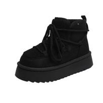 New thick-soled cross-strap cotton shoes, winter plush warm large-size plush snow boots for women 36 black