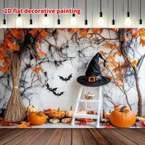 2D Spooky Spider Web Witch Broom Backdrop for Outdoor Photoshoot 118×59inch/300*150cm