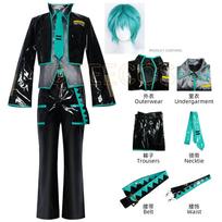 Mikuo Vyriškas Miku Cosplay Kostiumas Uniforma Perukas Anime Drabužiai Juoda PU Odos Striukė Kelnės Įmantrus Helovino Šventės Apranga Moterims Vyrams XXL black