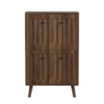 Mid-Century Walnut-Color Upright Shoe Cabinet 60cm,Vertical Grooved Surface Storage for Hallway Passage Entryway