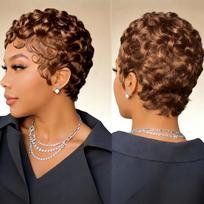 6-Inch Remy Human Hair Pixie Curly Wave Wig with Bangs | 150% Density Full Machine Made Wig, Easy To Wear for Daily Use & Partie 6inches&150% brown