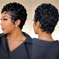 6-Inch Remy Human Hair Pixie Curly Wave Wig with Bangs | 150% Density Full Machine Made Wig, Easy To Wear for Daily Use & Partie 6inches&150%