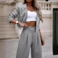 Womens Striped Blazer Wide-Leg Pants 2-Piece Set Casual Office Outfit Lightweight Suit Medium gray