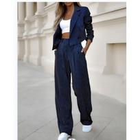 Womens Striped Blazer Wide-Leg Pants 2-Piece Set Casual Office Outfit Lightweight Suit Medium gray