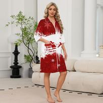 Women's Casual Zip-Up Robe with Christmas Print, 3/4 Sleeve, Knee Length, Lightweight Nightshirt with Two Pockets XXXL gray