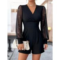 European and American V-neck waist long-sleeved sexy mesh splicing straight shorts jumpsuit 2XL black