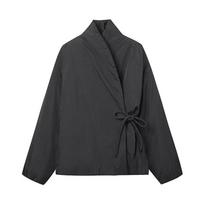 Womens Double-Breasted Kimono-Style Cotton Coat With Tie Streetwear Winter Jacket Small black