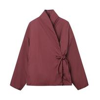 Womens Double-Breasted Kimono-Style Cotton Coat With Tie Streetwear Winter Jacket Large brown