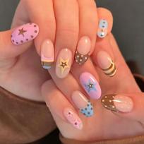 24pcs Pink Press on Nails with Polka Dot Pattern Design Almond Full Cover Nail Tips Acrylic French False Nail Simple Fake Nail
