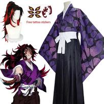 2026 Edition Kokushibo Role-Play Wig, Temporary, Anime-Print Kimono Top, Halloween Party Costume L black