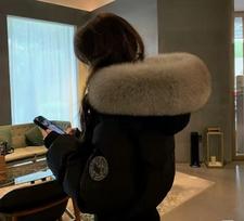 Short down cotton-padded clothes women's hooded big fur collar piled up winter coat waist thin cotton-padded jacket L black