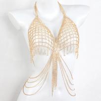 Sexy Neck Hanging Out Style Long Tassel Mesh Rhinestone Chest Chain Nightclub Women's Body Chain Jewelry beige