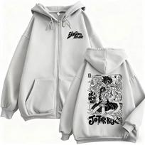 Anime JoJo Bizarre Adventure Graphic Zipper Hoodie Jotaro Kujo Print Zip Up Jacket Men Women Casual Oversized Zip Up Sweatshirt M gray