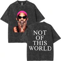 Washed Vintage T-shirt with The Worm Dennis Rodman Graphic Print, Trendy Hip Hop Oversize T-shirt for Men, 540 L black