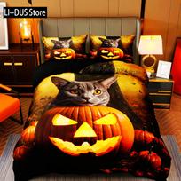 Cat Pumpkin Duvet Cover Set Halloween Comforter Cover Ghost Bedding Set Horror Quilt Cover Black Room Decor 3PCS NO Comforter EU single(135x200cm)