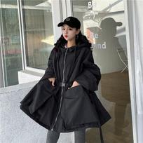 Korean Style Hooded Batwing Sleeve Cotton Windbreaker with Waist-Cinching Mid-Length Skirt for Women One Size black